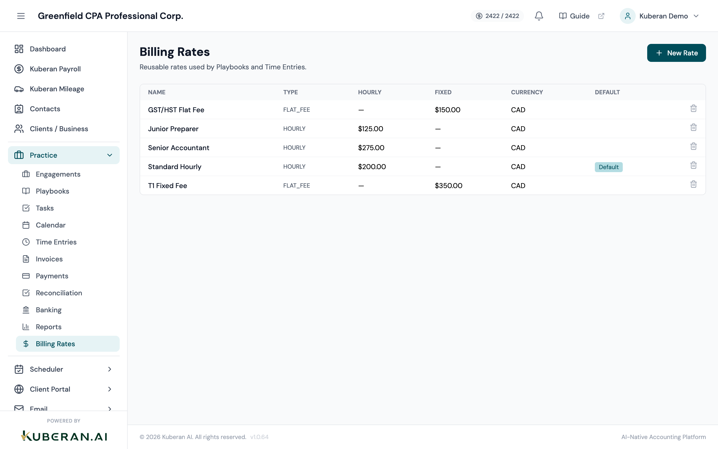 Billing Rates list showing rate cards with name, type badge, hourly rate, and usage count