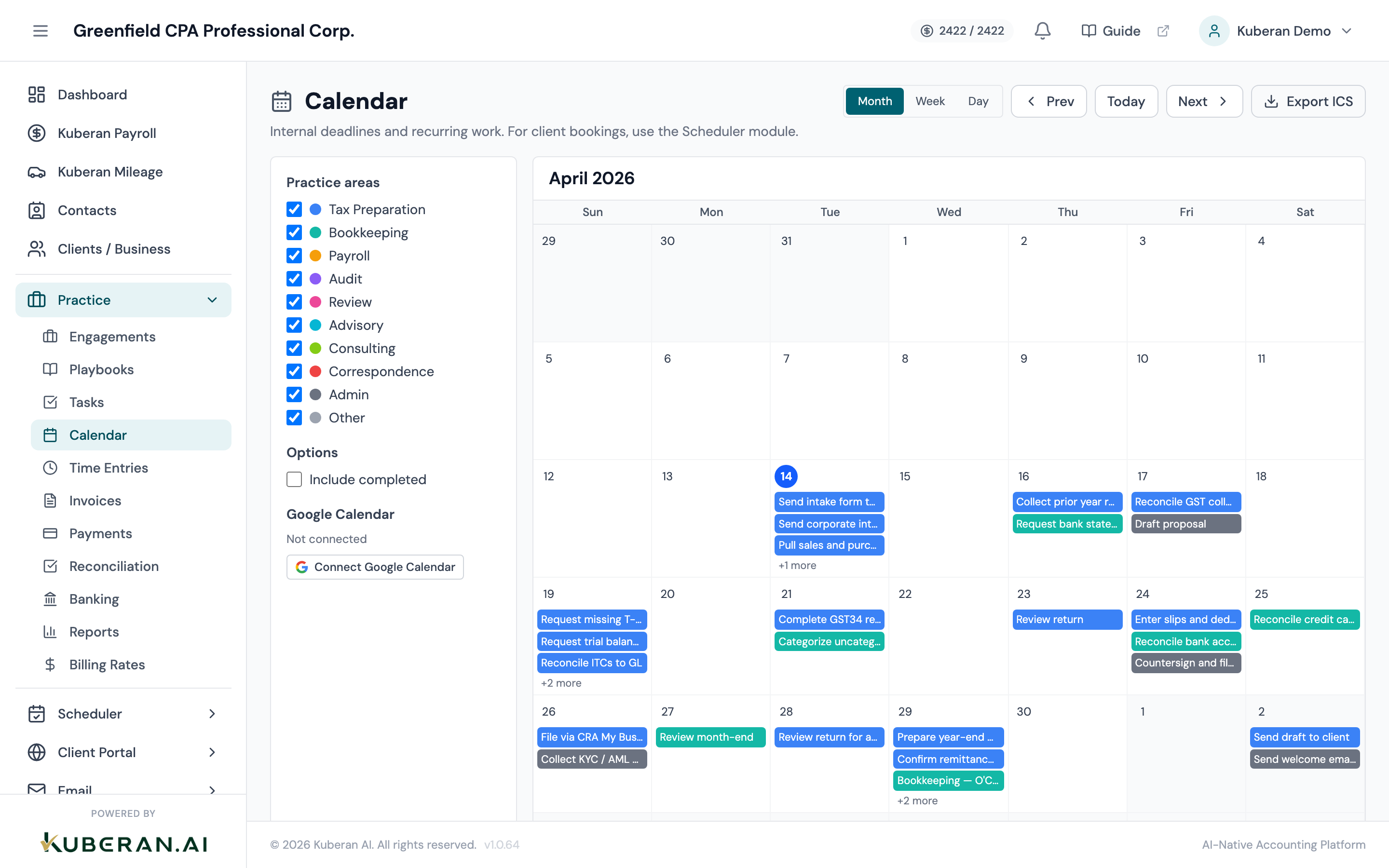 Calendar month view showing engagement deadlines, task due dates, and appointment events