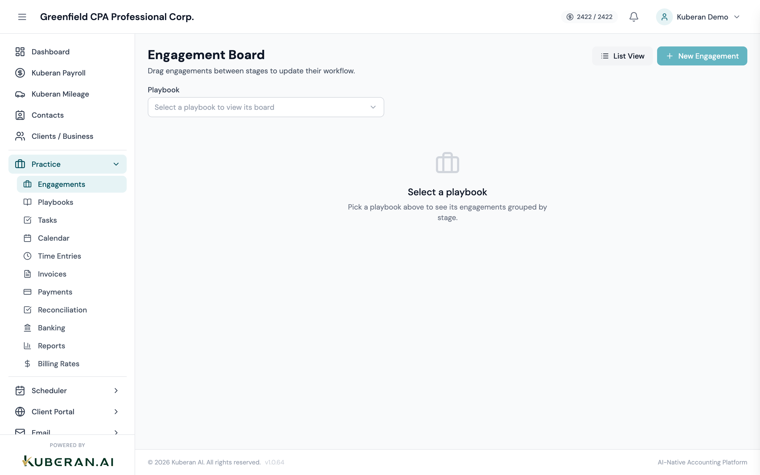 Kanban board view with six status columns and engagement cards