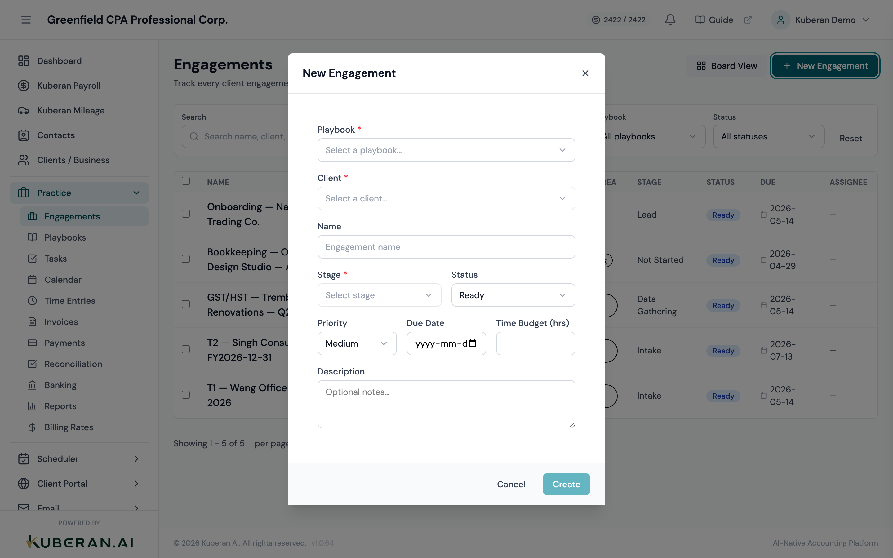 Engagement detail page showing the task checklist, time entries tab, and invoice tab