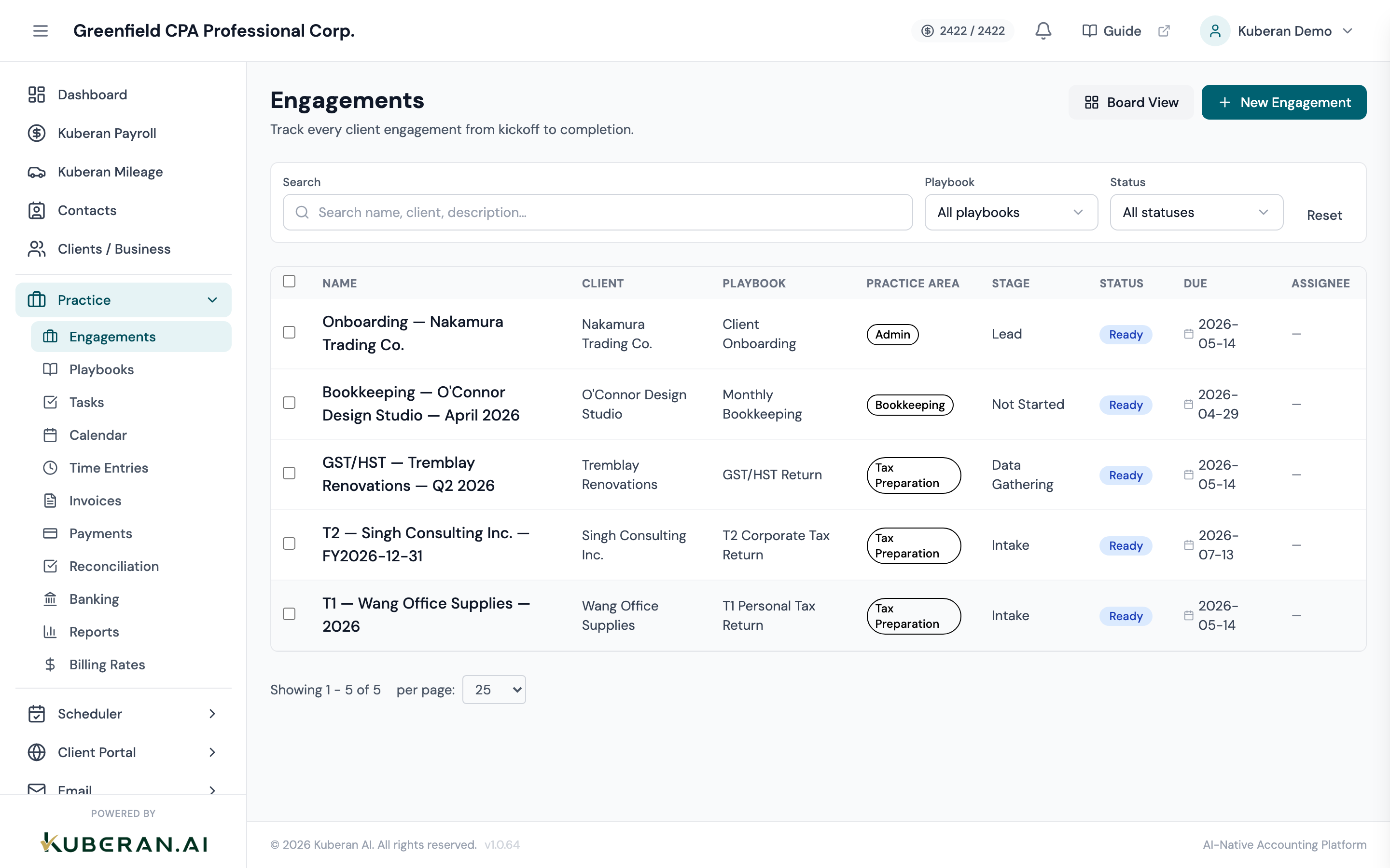 Engagements list view showing table with filter bar and Add Engagement button