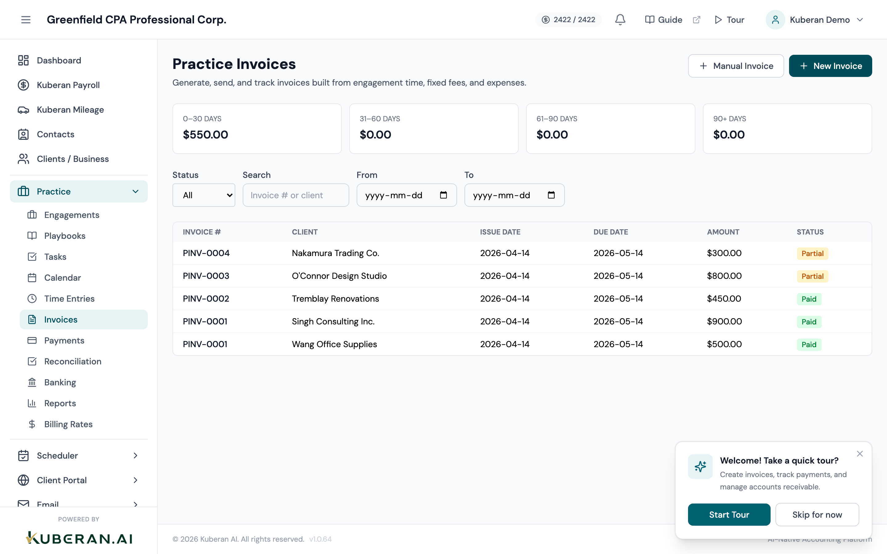 Invoices list with status badges, amount columns, and filter bar