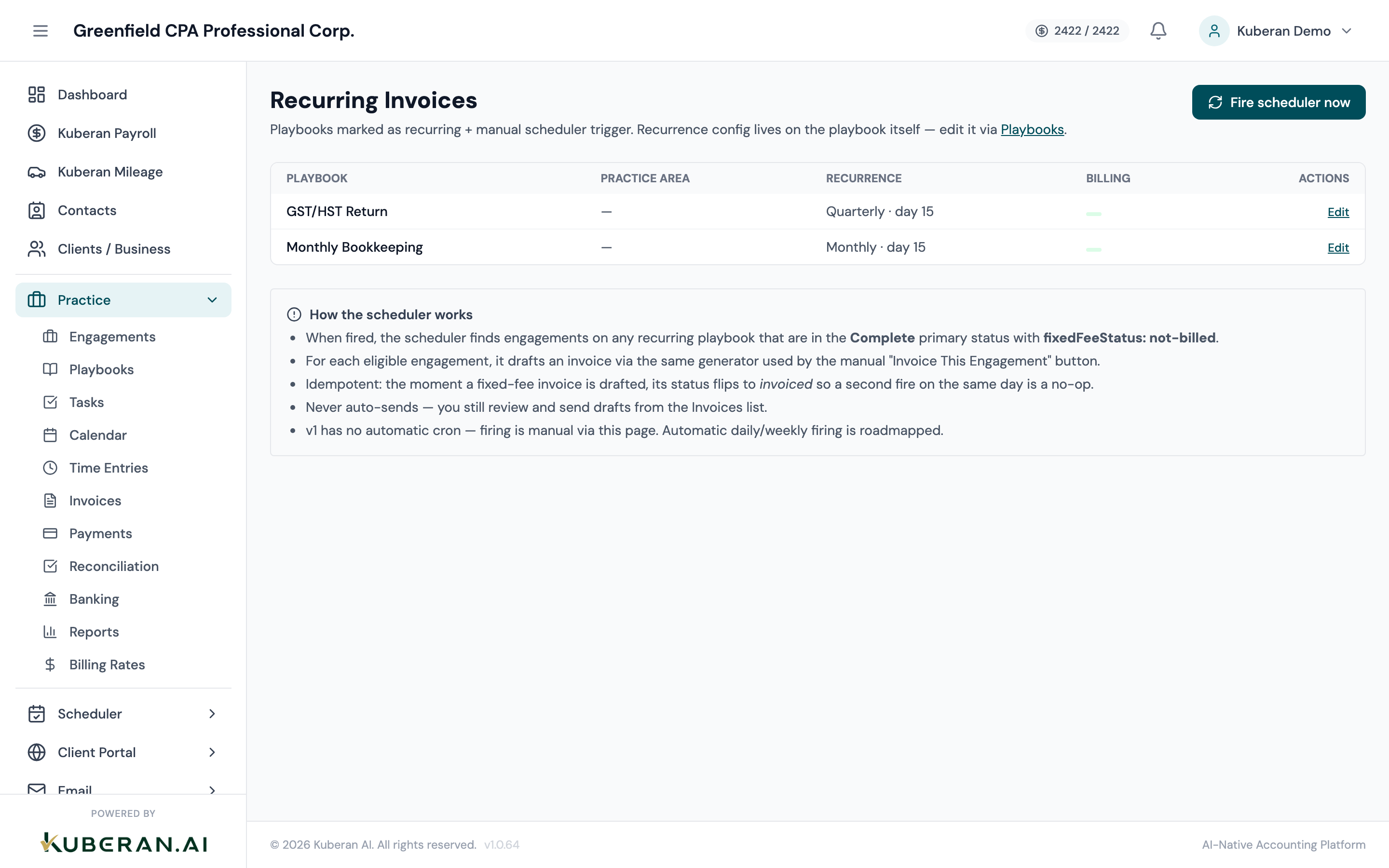 Recurring Invoices console showing recurring playbooks table, fire scheduler button, and scheduler result banner