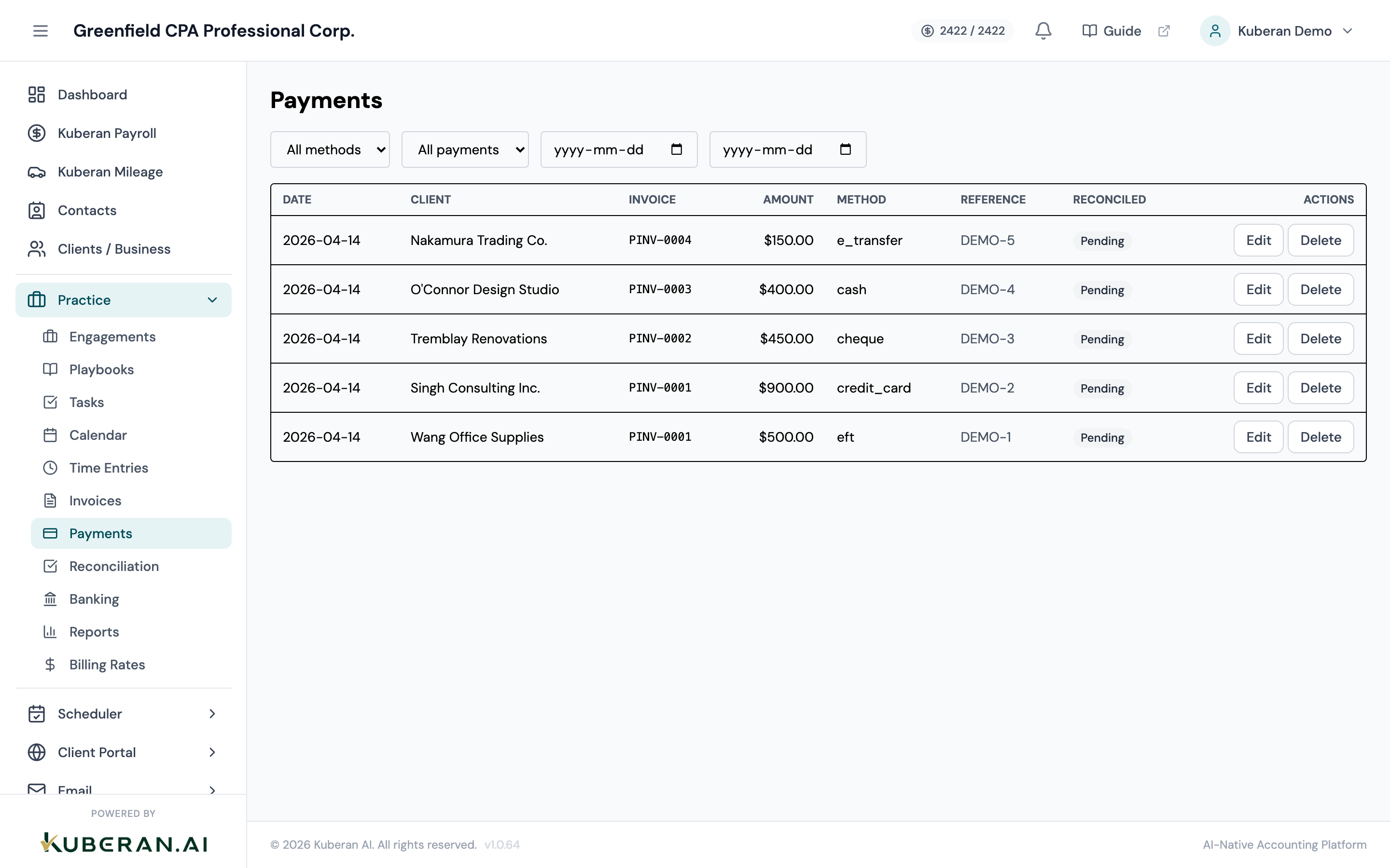 Payments list showing date, client, invoice number, amount, payment method, and actions columns
