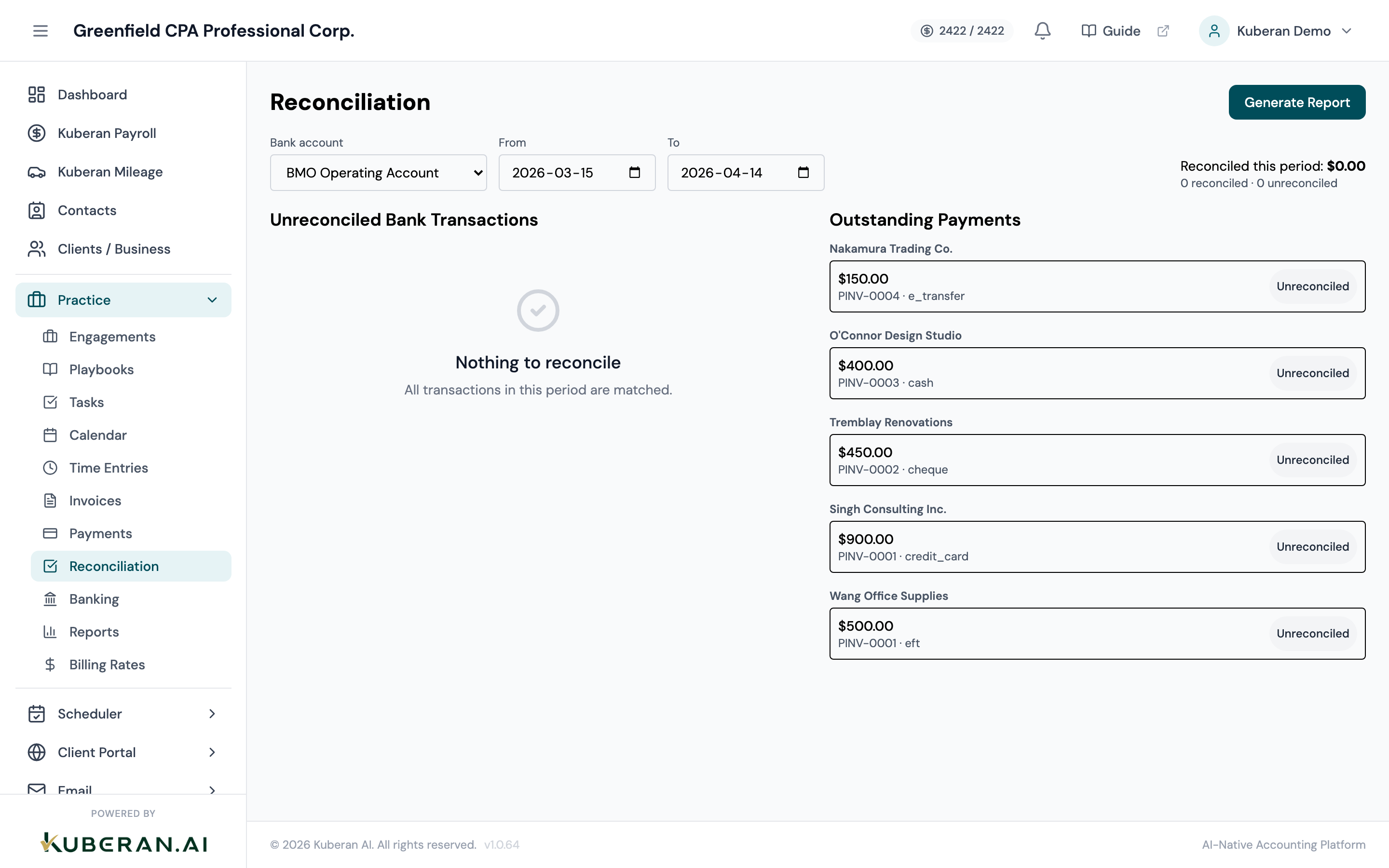 Reconciliation workspace showing account selector, statement balance input, matched transactions, and running difference