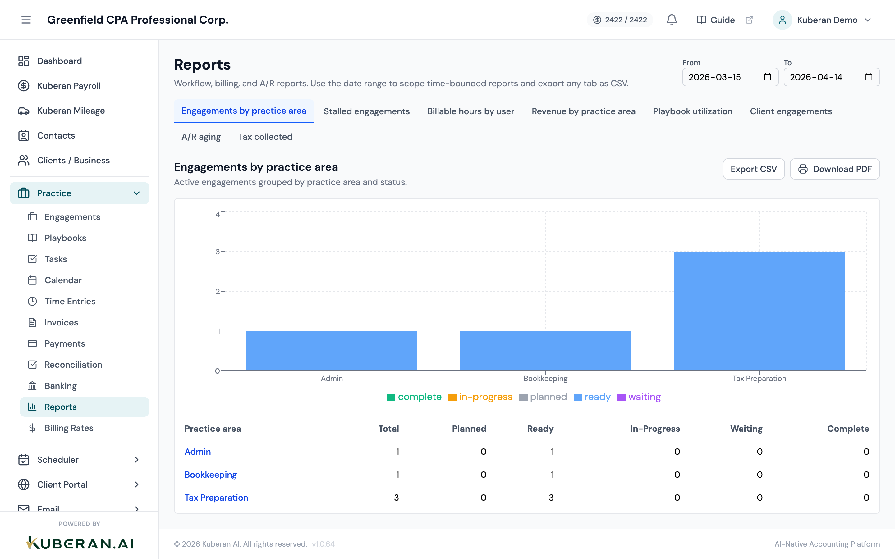 Reports screen showing four report type cards and a date range selector