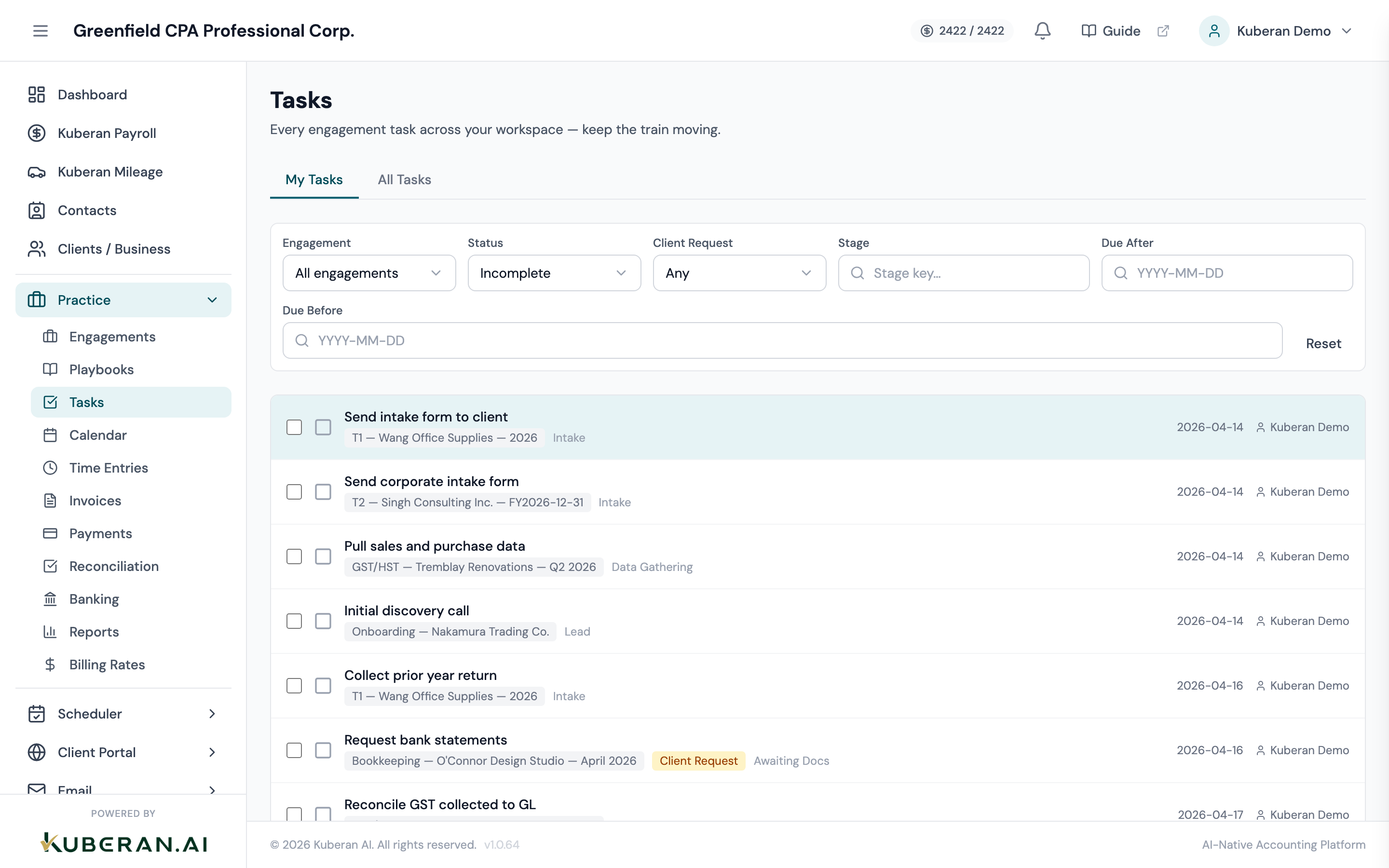 Tasks list view grouped by engagement with filter bar and bulk selection checkboxes