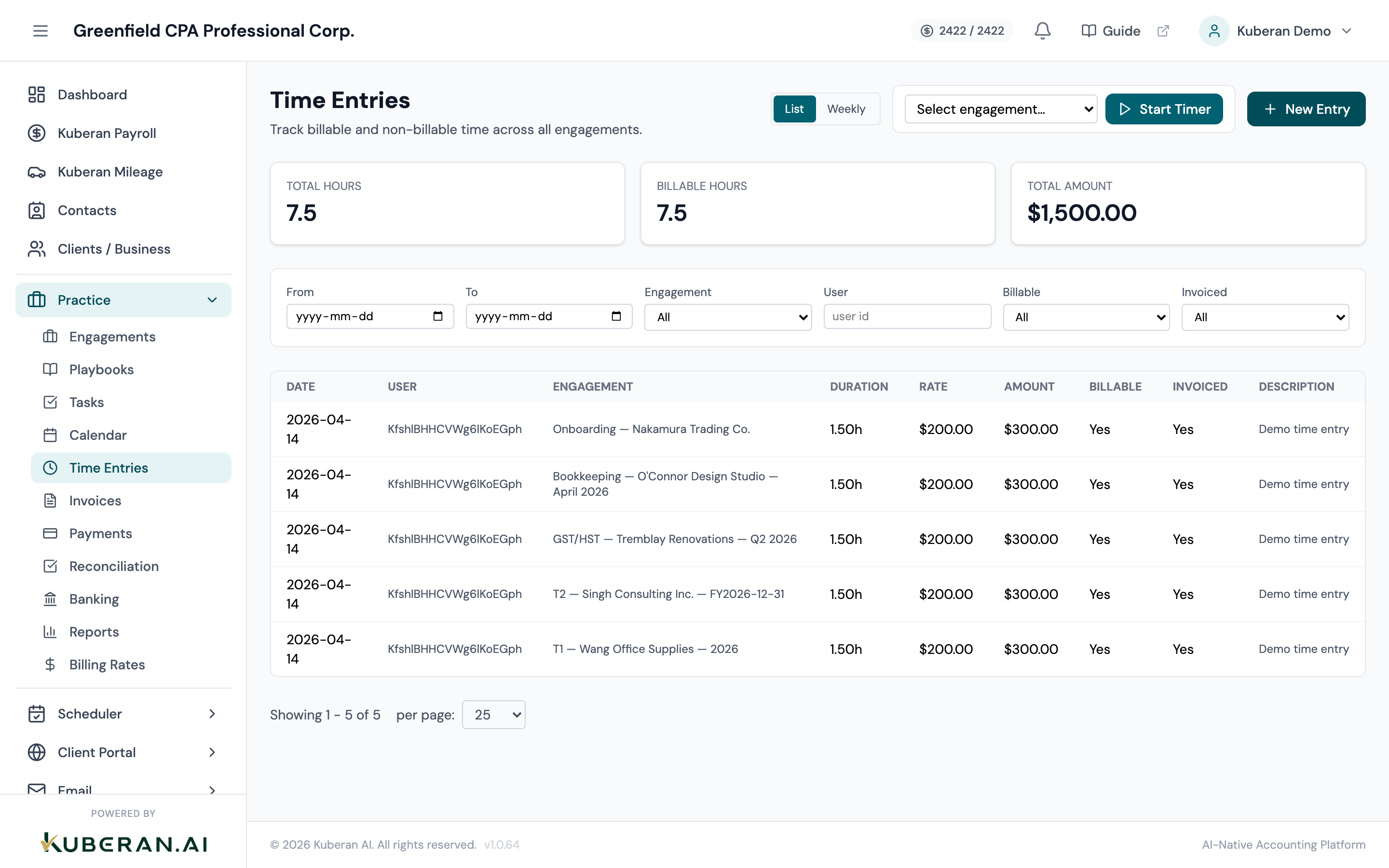 Time entries list with live timer widget, entry rows, and filter bar