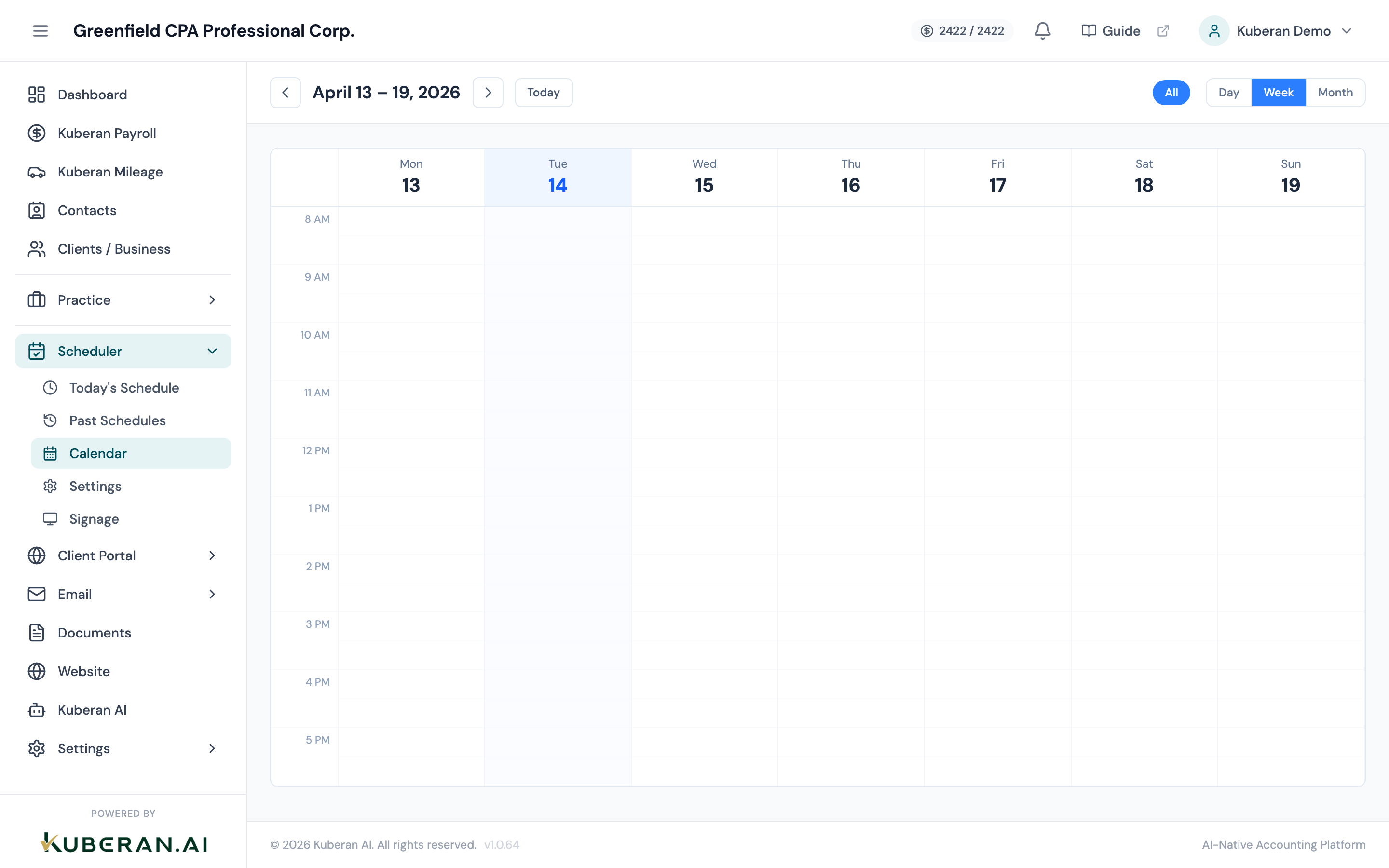 Scheduler Calendar in week view showing colour-coded appointment blocks