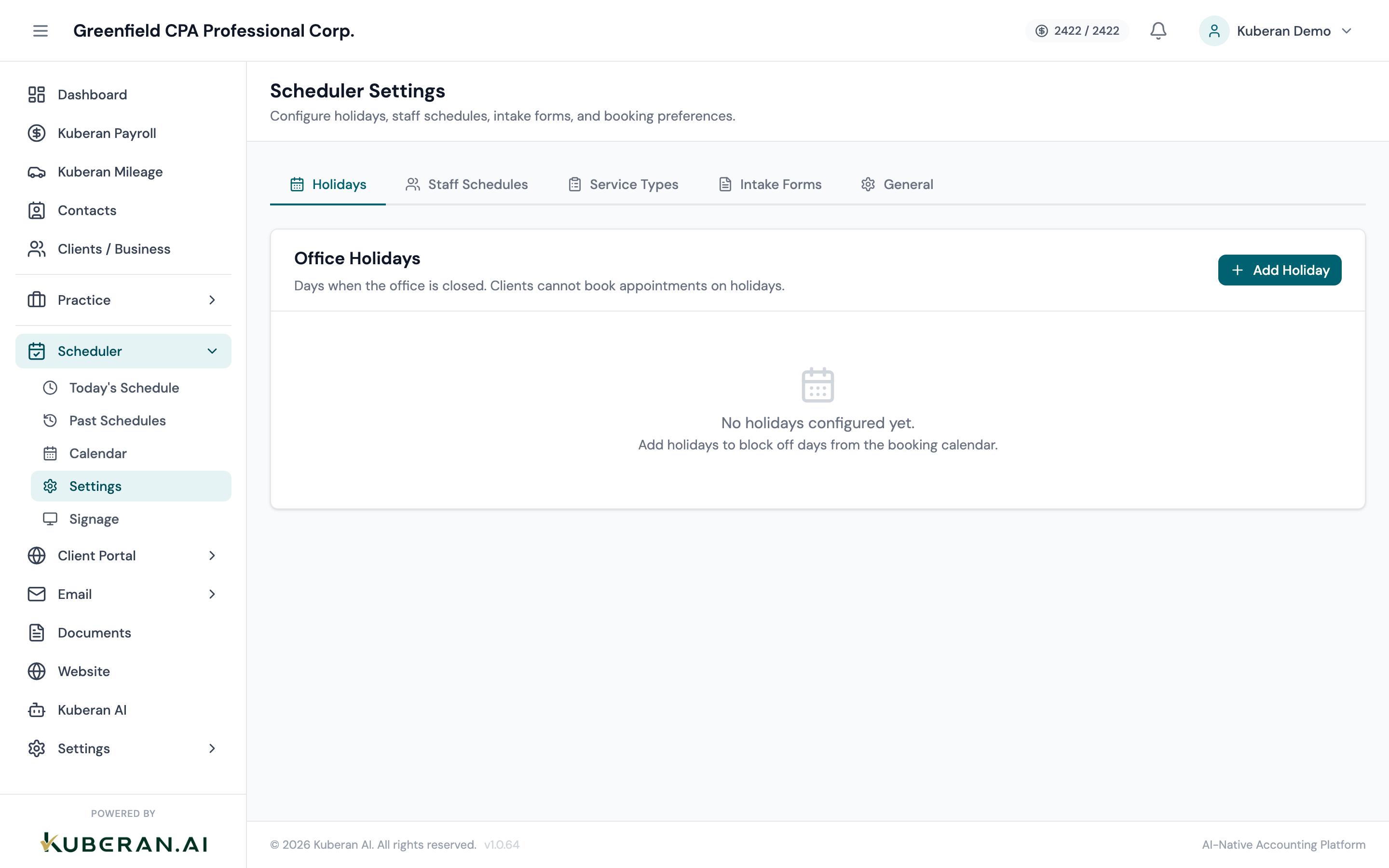 Scheduler Settings screen with tabs for General, Business Hours, Services, and Online Booking