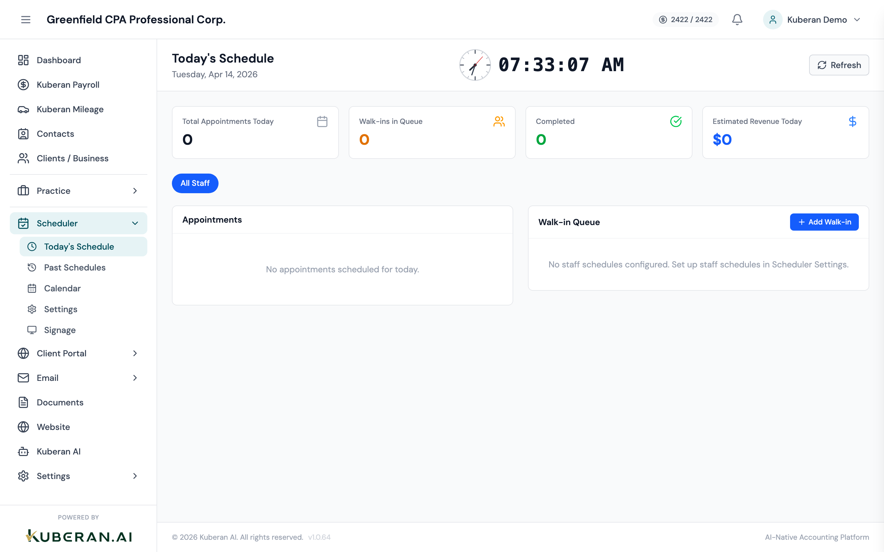 Today's Schedule screen showing a list of appointments with time, client, service, and status