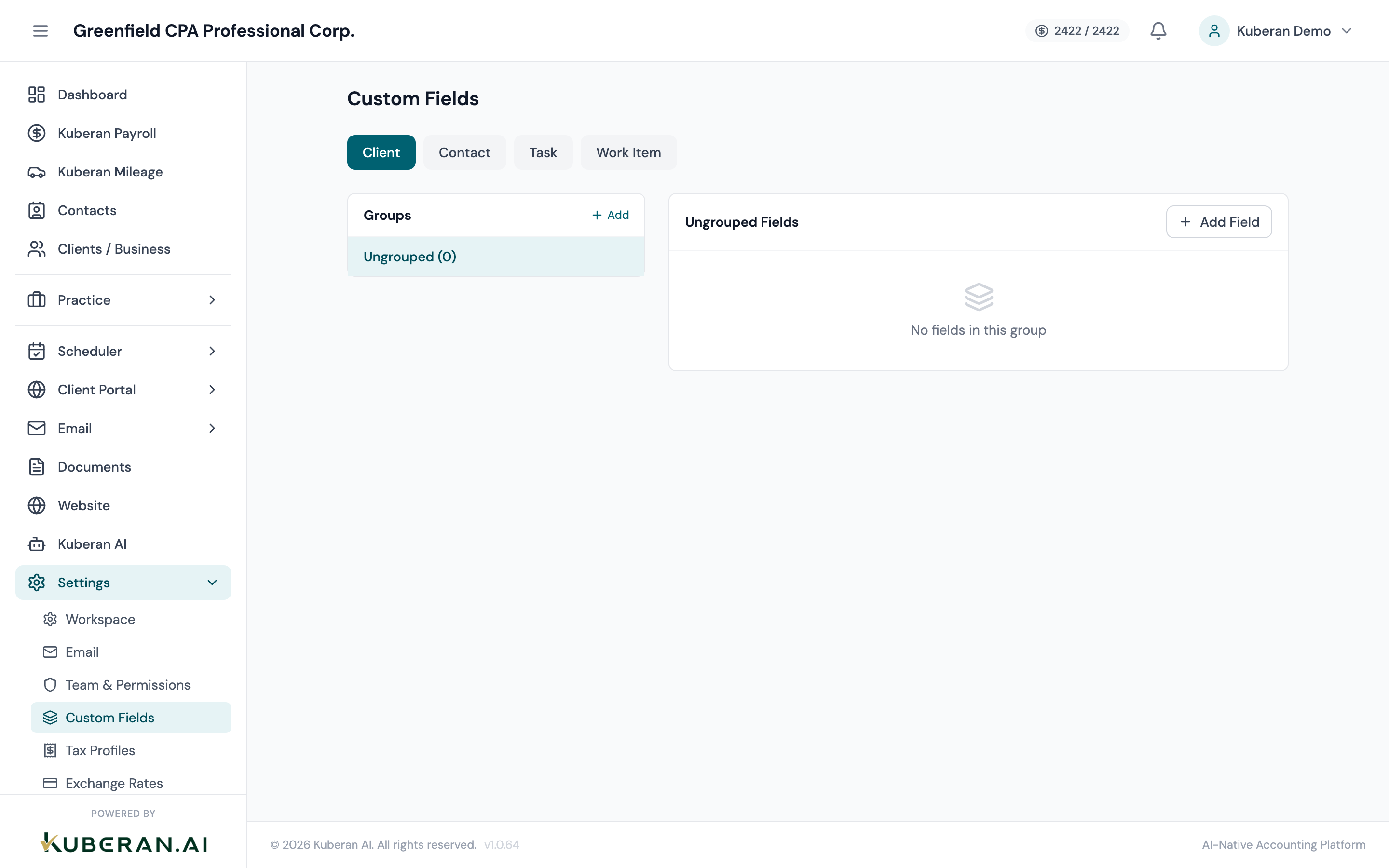 Custom Fields settings screen showing fields grouped by entity type with type icons