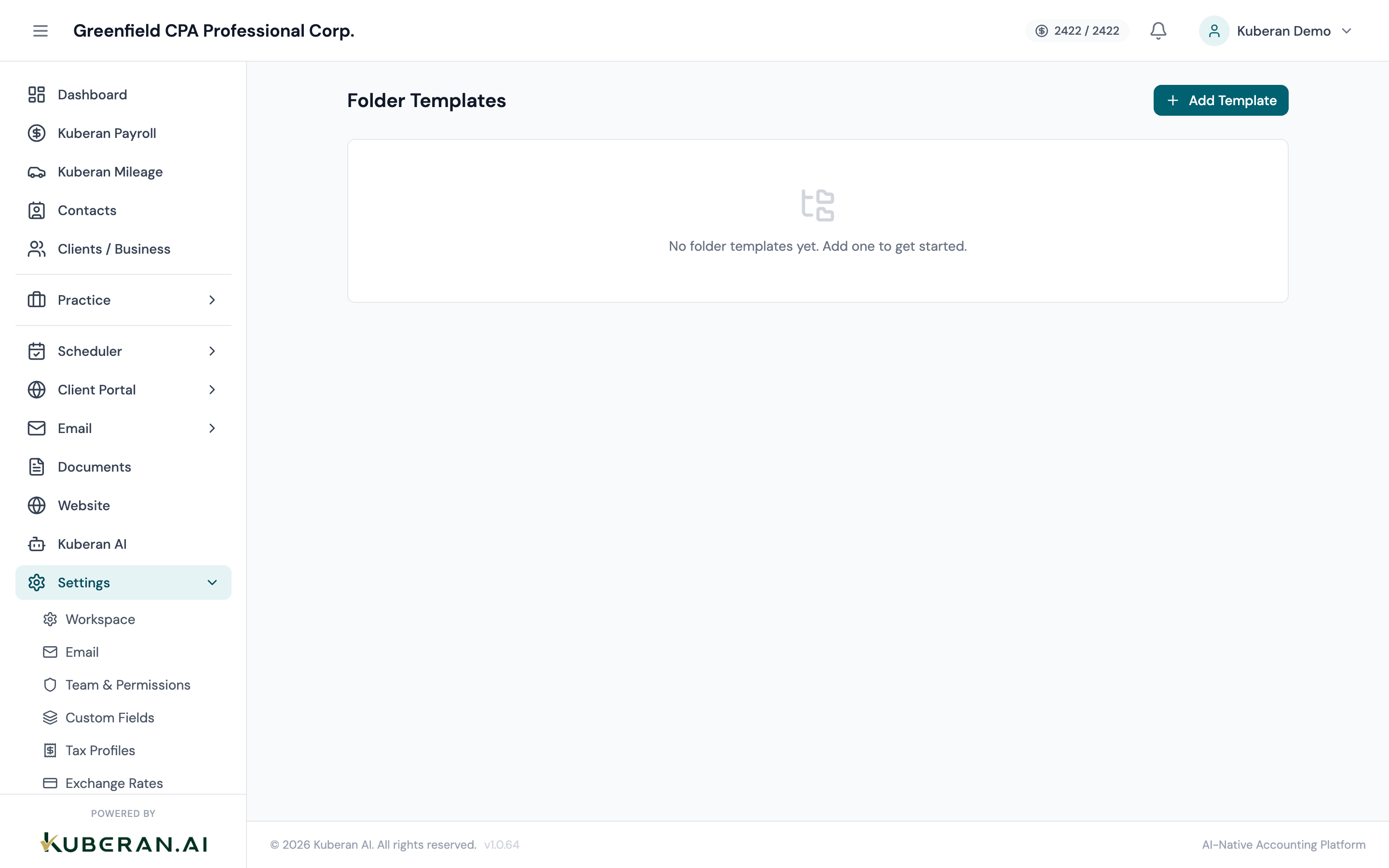 Folder Templates screen showing template list on the left and folder hierarchy editor on the right