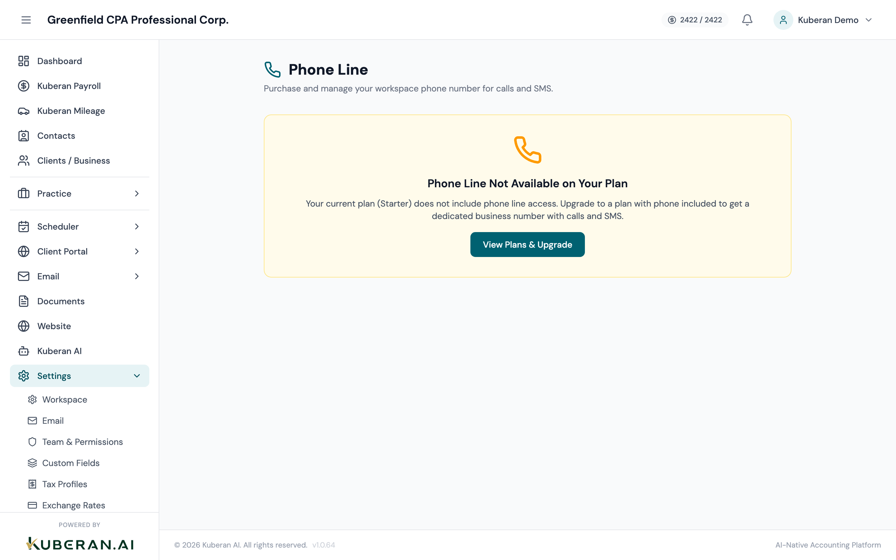 Phone Line Settings screen showing number display, voicemail recorder, routing options, and SMS toggle