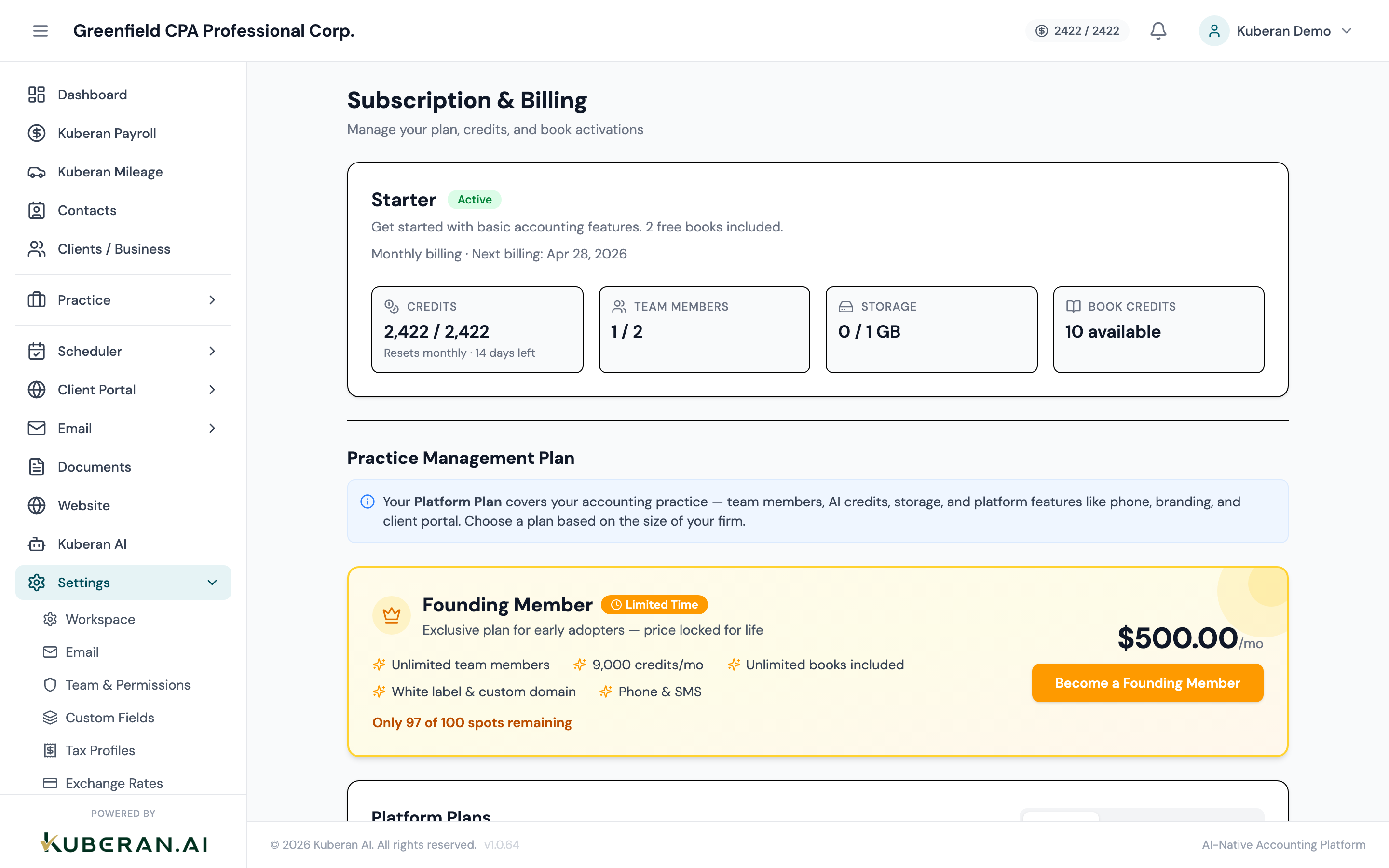 Subscription Settings screen showing current plan card, usage metrics, and billing history