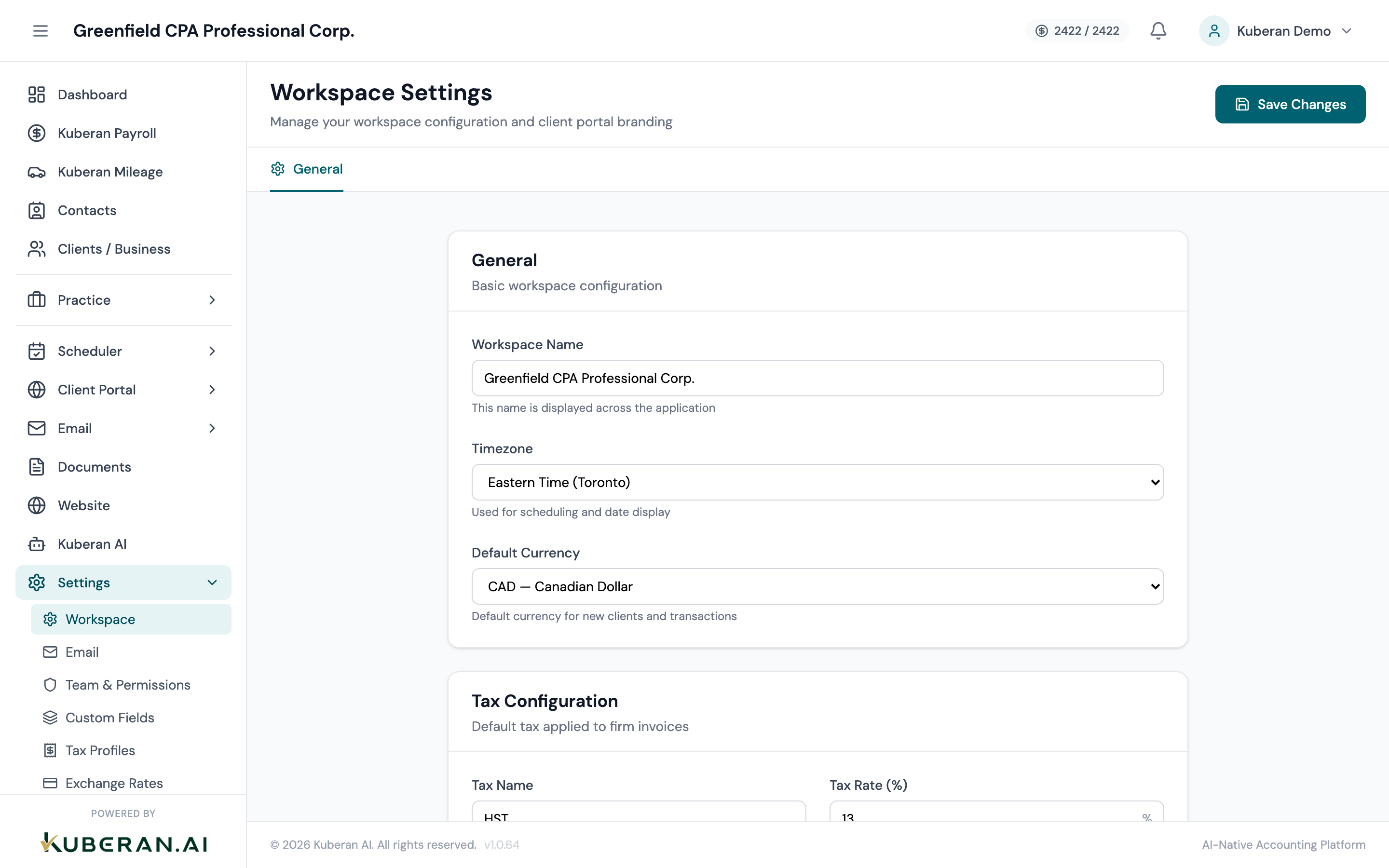 Workspace settings screen showing name, currency, timezone and logo fields